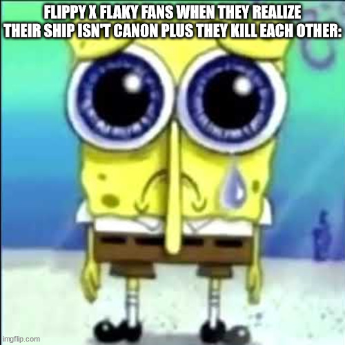 htf ship slander ig | FLIPPY X FLAKY FANS WHEN THEY REALIZE THEIR SHIP ISN'T CANON PLUS THEY KILL EACH OTHER: | image tagged in sad spongebob | made w/ Imgflip meme maker