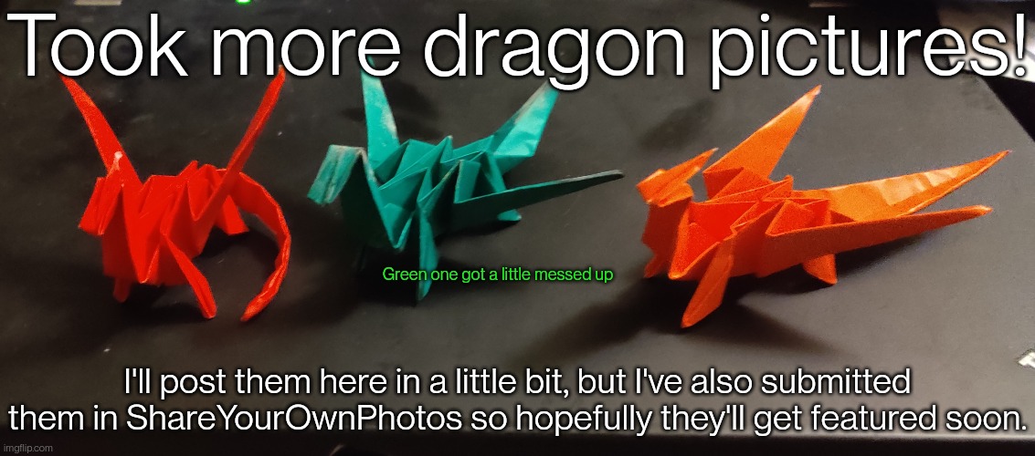 Took more dragon pictures! Green one got a little messed up; I'll post them here in a little bit, but I've also submitted them in ShareYourOwnPhotos so hopefully they'll get featured soon. | made w/ Imgflip meme maker