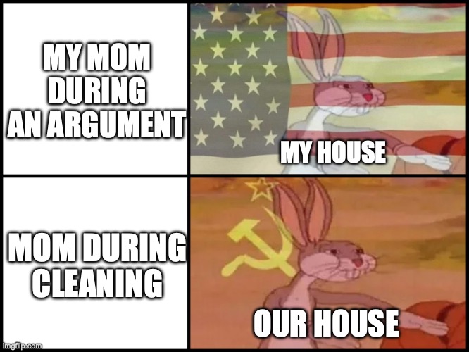 Mom be like ???? | MY MOM DURING AN ARGUMENT; MY HOUSE; MOM DURING CLEANING; OUR HOUSE | image tagged in capitalist and communist | made w/ Imgflip meme maker