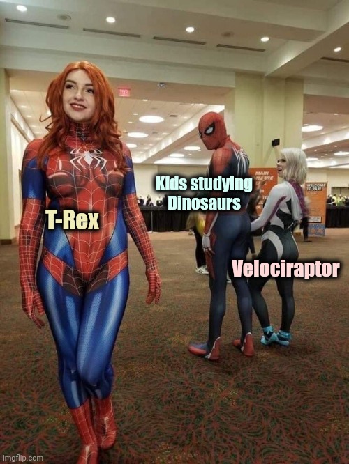 Distracted Boyfriend (cosplay) | T-Rex Velociraptor Kids studying
Dinosaurs | image tagged in distracted boyfriend cosplay | made w/ Imgflip meme maker