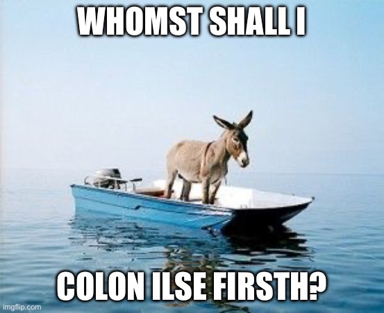 DONKEY ON A BOAT | WHOMST SHALL I COLON ILSE FIRSTH? | image tagged in donkey on a boat | made w/ Imgflip meme maker