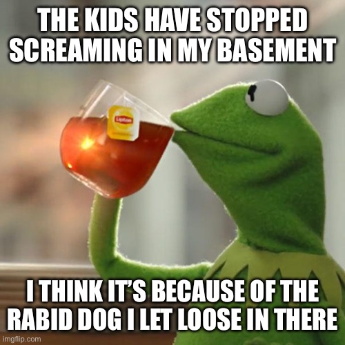 But That's None Of My Business Meme | THE KIDS HAVE STOPPED SCREAMING IN MY BASEMENT; I THINK IT’S BECAUSE OF THE RABID DOG I LET LOOSE IN THERE | image tagged in memes,but that's none of my business,kermit the frog | made w/ Imgflip meme maker