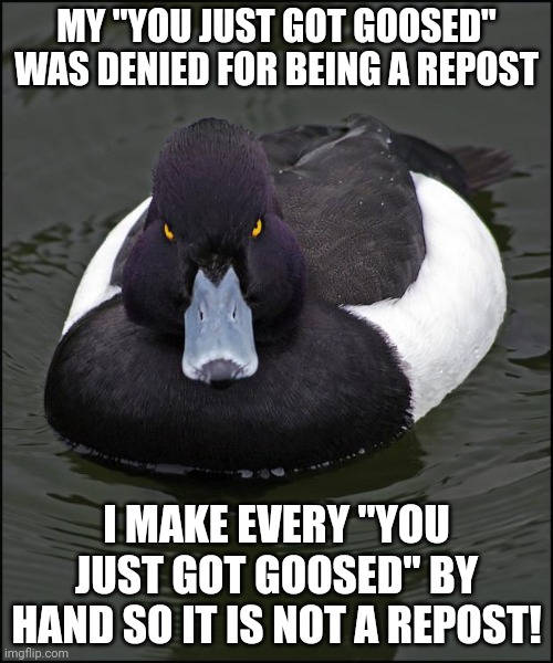i'm ducking mad about it! | MY "YOU JUST GOT GOOSED" WAS DENIED FOR BEING A REPOST; I MAKE EVERY "YOU JUST GOT GOOSED" BY HAND SO IT IS NOT A REPOST! | image tagged in angry duck | made w/ Imgflip meme maker