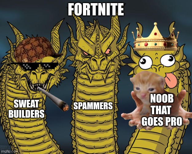 Three-headed Dragon | FORTNITE; NOOB THAT  GOES PRO; SWEAT BUILDERS; SPAMMERS | image tagged in three-headed dragon | made w/ Imgflip meme maker