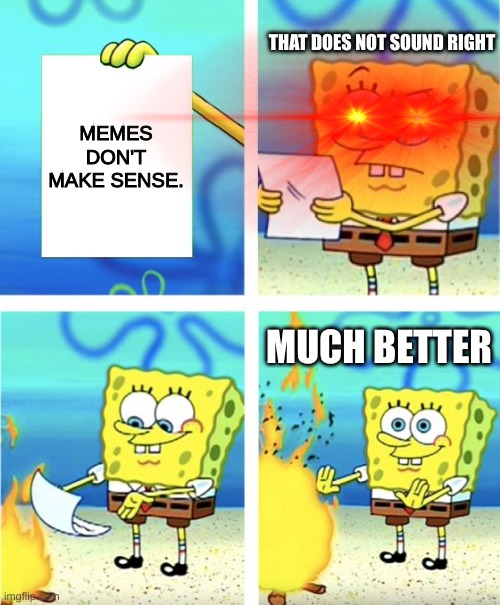 Spongebob Burning Paper | THAT DOES NOT SOUND RIGHT; MEMES DON'T MAKE SENSE. MUCH BETTER | image tagged in spongebob burning paper | made w/ Imgflip meme maker