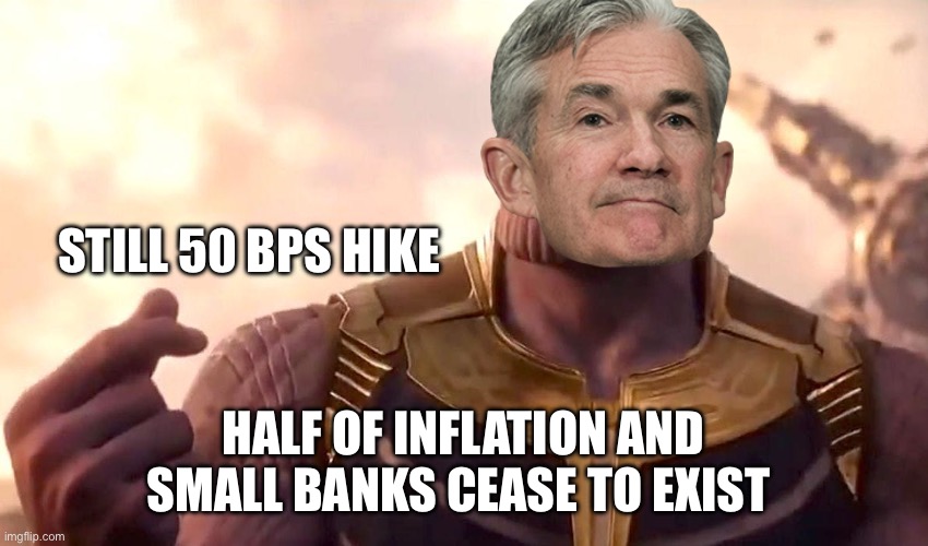 thanos snap | STILL 50 BPS HIKE; HALF OF INFLATION AND SMALL BANKS CEASE TO EXIST | image tagged in thanos snap | made w/ Imgflip meme maker