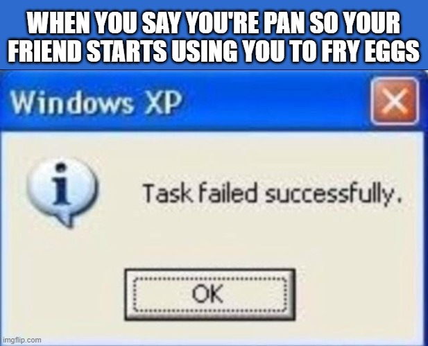 that's me right there | WHEN YOU SAY YOU'RE PAN SO YOUR FRIEND STARTS USING YOU TO FRY EGGS | image tagged in task failed successfully | made w/ Imgflip meme maker