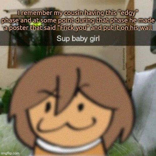 ✨✨✨✨✨✨ | I remember my cousin having this "edgy" phase and at some point during that phase he made a poster that said "Frick you" and put it on his wall | made w/ Imgflip meme maker