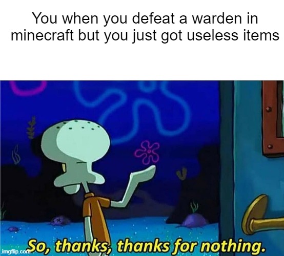 defeating wardens in minecraft be like | You when you defeat a warden in minecraft but you just got useless items | image tagged in so thanks thanks for nothing | made w/ Imgflip meme maker