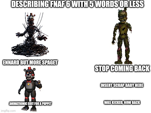 Inspired by the_springtrap | DESCRIBING FNAF 6 WITH 5 WORDS OR LESS; ENNARD BUT MORE SPAGET; STOP COMING BACK; INSERT SCRAP BABY HERE; WAS KICKED, NOW BACK; ANIMATRONIC SUIT FOR A PUPPET | made w/ Imgflip meme maker