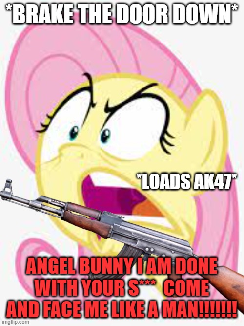 OH S*** SHE IS PISSED | *BRAKE THE DOOR DOWN*; *LOADS AK47*; ANGEL BUNNY I AM DONE WITH YOUR S***  COME AND FACE ME LIKE A MAN!!!!!!! | image tagged in mlp meme,fluttershy,ak47,oh no,run away | made w/ Imgflip meme maker