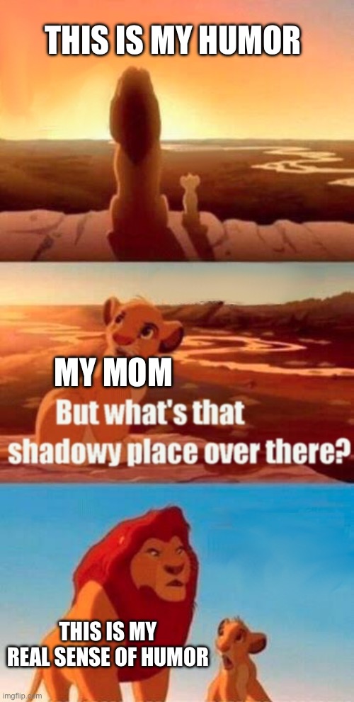 Bruh I always try to show her memes, but she never likes them | THIS IS MY HUMOR; MY MOM; THIS IS MY REAL SENSE OF HUMOR | image tagged in memes,simba shadowy place | made w/ Imgflip meme maker