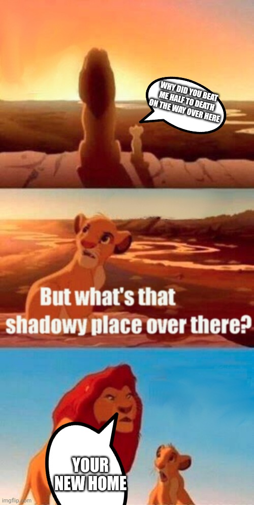 Simba Shadowy Place | WHY DID YOU BEAT ME HALF TO DEATH ON THE WAY OVER HERE; YOUR NEW HOME | image tagged in memes,simba shadowy place | made w/ Imgflip meme maker