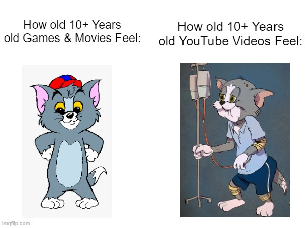 *feeling old* | How old 10+ Years old Games & Movies Feel:; How old 10+ Years old YouTube Videos Feel: | image tagged in memes,funny,tom and jerry,relatable memes,old,so true memes | made w/ Imgflip meme maker