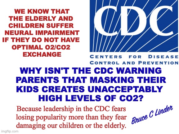 Surprise, Masking impairs breathing | WE KNOW THAT
THE ELDERLY AND 
CHILDREN SUFFER 
NEURAL IMPAIRMENT
IF THEY DO NOT HAVE 
OPTIMAL O2/CO2 
EXCHANGE; WHY ISN'T THE CDC WARNING
 PARENTS THAT MASKING THEIR 
KIDS CREATES UNACCEPTABLY 
HIGH LEVELS OF CO2? Bruce C Linder; Because leadership in the CDC fears
losing popularity more than they fear
damaging our children or the elderly. | image tagged in breathing,masking,children,the elderly,the cdc,o2/co2 | made w/ Imgflip meme maker