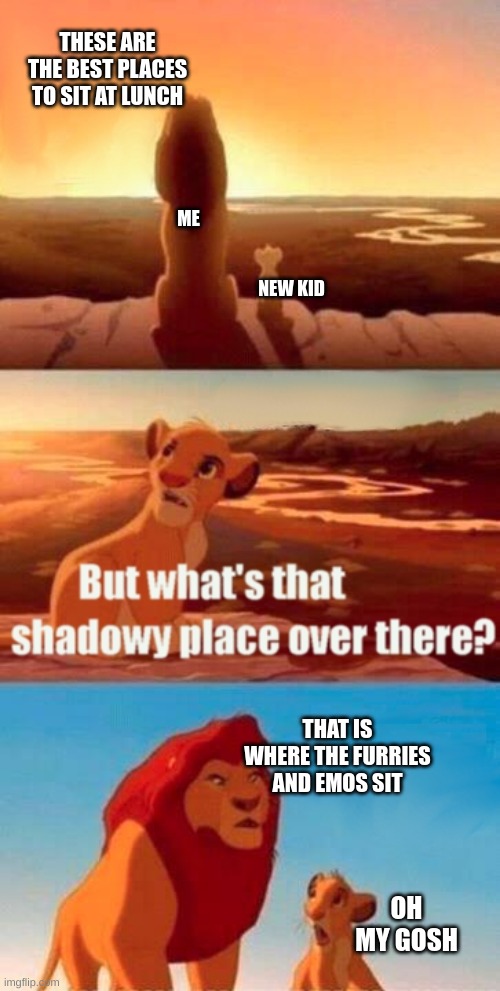 School | THESE ARE THE BEST PLACES TO SIT AT LUNCH; ME; NEW KID; THAT IS WHERE THE FURRIES AND EMOS SIT; OH MY GOSH | image tagged in memes,simba shadowy place | made w/ Imgflip meme maker