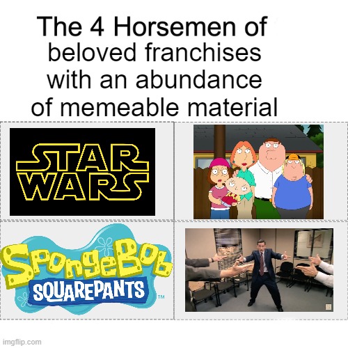 i think around 90% of memers have made at least meme with a template from these | beloved franchises with an abundance of memeable material | image tagged in four horsemen of,star wars,spongebob,family guy,the office,memes | made w/ Imgflip meme maker