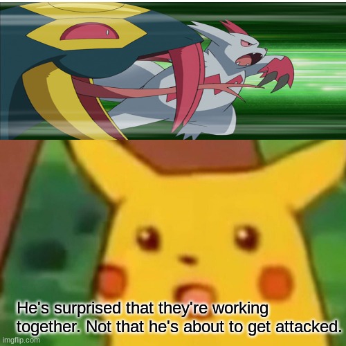 Physics is more important than Health | He's surprised that they're working together. Not that he's about to get attacked. | image tagged in memes,surprised pikachu,pokemon | made w/ Imgflip meme maker