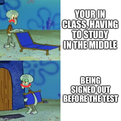 Squidward chair | YOUR IN CLASS, HAVING TO STUDY IN THE MIDDLE BEING SIGNED OUT BEFORE THE TEST | image tagged in squidward chair | made w/ Imgflip meme maker
