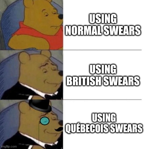 Only french canadians understand | USING NORMAL SWEARS; USING BRITISH SWEARS; USING QUÉBECOIS SWEARS | image tagged in tuxedo winnie the pooh 3 panel | made w/ Imgflip meme maker