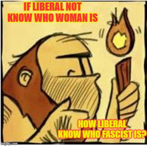 Simple question | IF LIBERAL NOT KNOW WHO WOMAN IS; HOW LIBERAL KNOW WHO FASCIST IS? | image tagged in curious cave dude | made w/ Imgflip meme maker