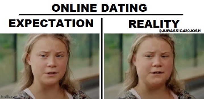 online dating expectation vs reality | image tagged in greta thunberg,online dating,expectation vs reality | made w/ Imgflip meme maker