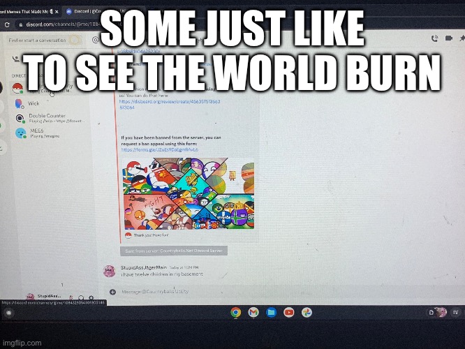 Some just like to see the world burn | SOME JUST LIKE TO SEE THE WORLD BURN | image tagged in discord,light mode,evil | made w/ Imgflip meme maker