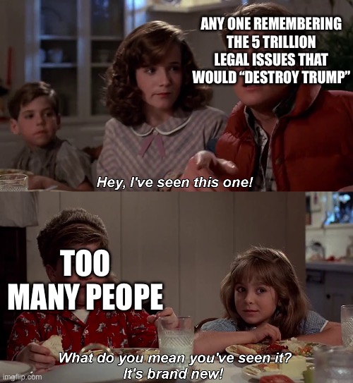 What do you mean you have seen it, it is brand new | ANY ONE REMEMBERING THE 5 TRILLION LEGAL ISSUES THAT WOULD “DESTROY TRUMP” TOO MANY PEOPLE | image tagged in what do you mean you have seen it it is brand new | made w/ Imgflip meme maker