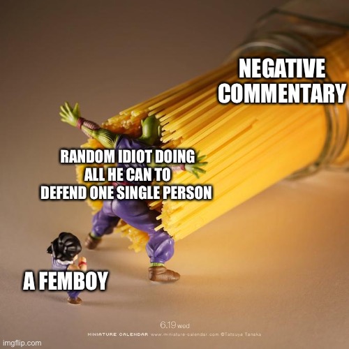 True story | NEGATIVE COMMENTARY; RANDOM IDIOT DOING ALL HE CAN TO DEFEND ONE SINGLE PERSON; A FEMBOY | image tagged in piccolo vs spaghetti,femboys are fatherless | made w/ Imgflip meme maker