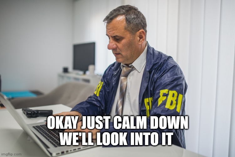 FBI typing on computer | OKAY JUST CALM DOWN
WE'LL LOOK INTO IT | image tagged in fbi typing on computer | made w/ Imgflip meme maker