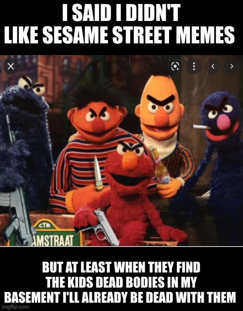 oh well 乁( •_• )ㄏ | I SAID I DIDN'T LIKE SESAME STREET MEMES; BUT AT LEAST WHEN THEY FIND THE KIDS DEAD BODIES IN MY BASEMENT I'LL ALREADY BE DEAD WITH THEM | made w/ Imgflip meme maker