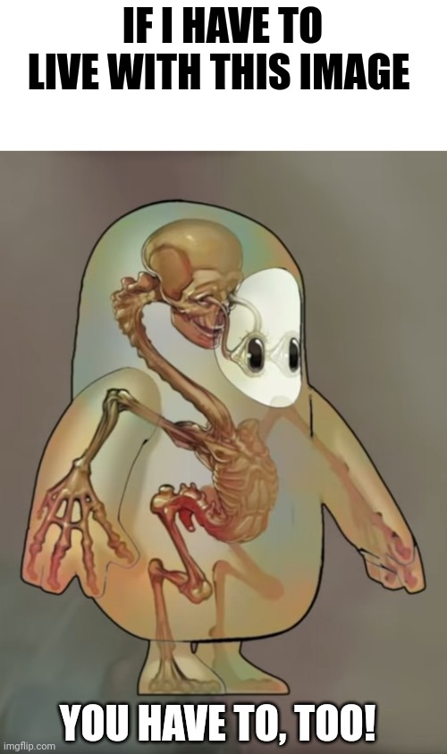 I've been scarred once more!!!! | IF I HAVE TO LIVE WITH THIS IMAGE; YOU HAVE TO, TOO! | image tagged in fall guys skeleton,cursed image | made w/ Imgflip meme maker