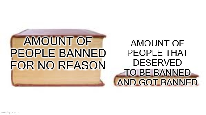i got warned for uploading a meme image to roblox :( | AMOUNT OF PEOPLE THAT DESERVED TO BE BANNED AND GOT BANNED; AMOUNT OF PEOPLE BANNED FOR NO REASON | image tagged in big book small book,memjej,meme,roblox | made w/ Imgflip meme maker