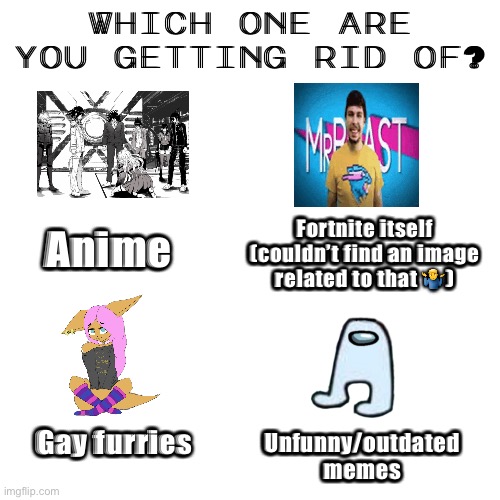 The choice is tough (how was I supposed to make it not look like a fun stream meme ?☹️) | Which one are you getting rid of? Anime; Fortnite itself (couldn’t find an image related to that 🤷‍♂️); Gay furries; Unfunny/outdated memes | image tagged in balls,anti furry | made w/ Imgflip meme maker