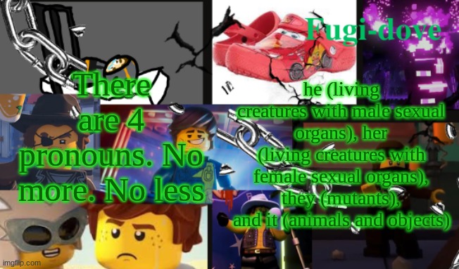 FDAT13 2 text | There are 4 pronouns. No more. No less; he (living creatures with male sexual organs), her (living creatures with female sexual organs), they (mutants), and it (animals and objects) | image tagged in fdat13 2 text | made w/ Imgflip meme maker