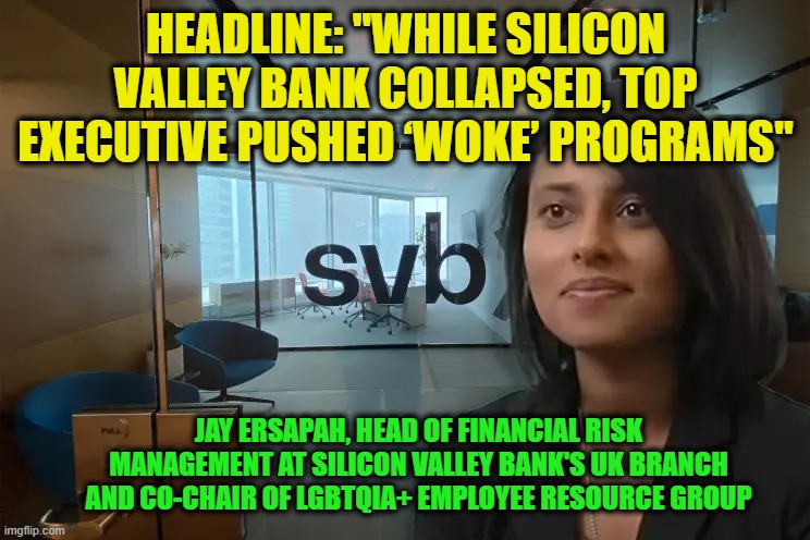 Woke Goes Broke (Again) | HEADLINE: "WHILE SILICON VALLEY BANK COLLAPSED, TOP EXECUTIVE PUSHED ‘WOKE’ PROGRAMS"; JAY ERSAPAH, HEAD OF FINANCIAL RISK MANAGEMENT AT SILICON VALLEY BANK'S UK BRANCH AND CO-CHAIR OF LGBTQIA+ EMPLOYEE RESOURCE GROUP | image tagged in silicon valley bank,woke | made w/ Imgflip meme maker