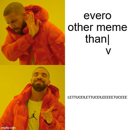 LETTUCE | evero other meme than|
         v; LETTUCE!LETTUCE!LEEEEETUCEEE | image tagged in memes,drake hotline bling,lettuce | made w/ Imgflip meme maker