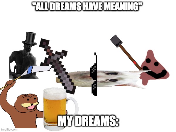 not all dreams have meaning! | "ALL DREAMS HAVE MEANING"; MY DREAMS: | image tagged in dreams | made w/ Imgflip meme maker