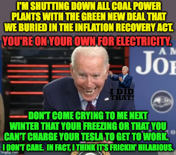 Nowhere in the Constitution does it give Biden the authority to do anything like this. | I'M SHUTTING DOWN ALL COAL POWER PLANTS WITH THE GREEN NEW DEAL THAT WE BURIED IN THE INFLATION RECOVERY ACT. YOU'RE ON YOUR OWN FOR ELECTRICITY. DON'T COME CRYING TO ME NEXT WINTER THAT YOUR FREEZING OR THAT YOU CAN'T CHARGE YOUR TESLA TO GET TO WORK. I DON'T CARE.  IN FACT, I THINK IT'S FRICKIN' HILARIOUS. | image tagged in go green and go without,biden thinks your just surplus population,unconstitutionable | made w/ Imgflip meme maker