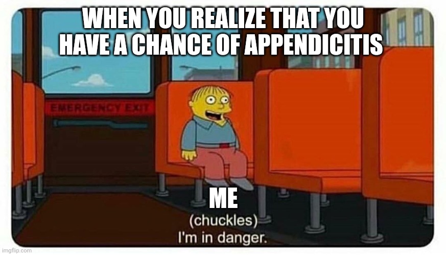 Appreciation of the dangers of appendicitis | WHEN YOU REALIZE THAT YOU HAVE A CHANCE OF APPENDICITIS; ME | image tagged in ralph in danger | made w/ Imgflip meme maker
