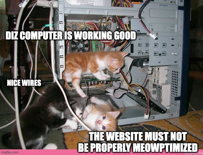 If it is not your computer it is the website | DIZ COMPUTER IS WORKING GOOD; NICE WIRES; THE WEBSITE MUST NOT BE PROPERLY MEOWPTIMIZED | image tagged in kittens fixing a computer,adminsys,web optimization | made w/ Imgflip meme maker