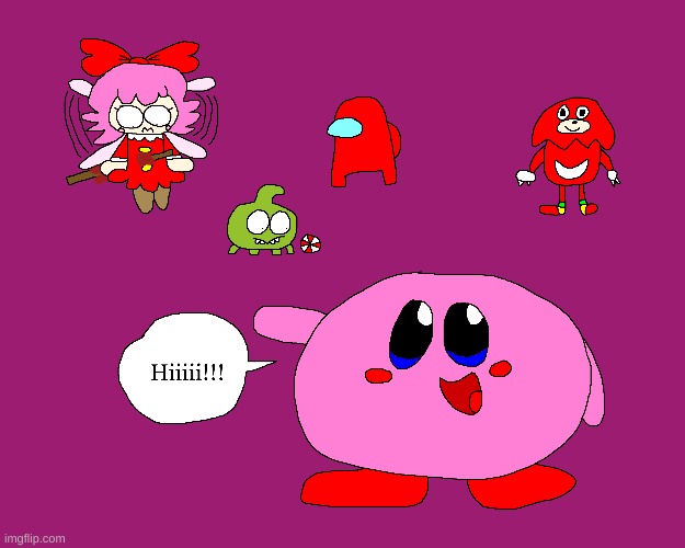 Enjoy this drawing for now | image tagged in kirby,om nom,among us,ugandan knuckles,crossover,fanart | made w/ Imgflip meme maker