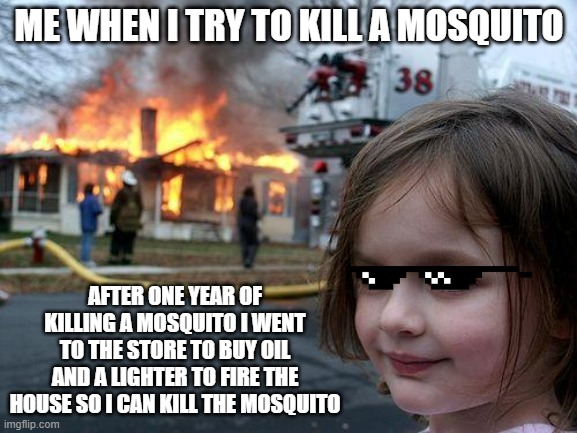 WHEN I TRY TO KILL  A MOSQUITO | ME WHEN I TRY TO KILL A MOSQUITO; AFTER ONE YEAR OF KILLING A MOSQUITO I WENT TO THE STORE TO BUY OIL AND A LIGHTER TO FIRE THE HOUSE SO I CAN KILL THE MOSQUITO | image tagged in memes,disaster girl | made w/ Imgflip meme maker