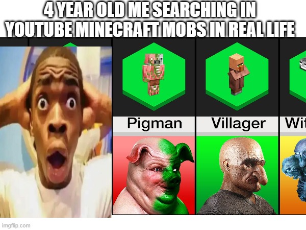 4 year old me | 4 YEAR OLD ME SEARCHING IN YOUTUBE MINECRAFT MOBS IN REAL LIFE | image tagged in funny memes | made w/ Imgflip meme maker