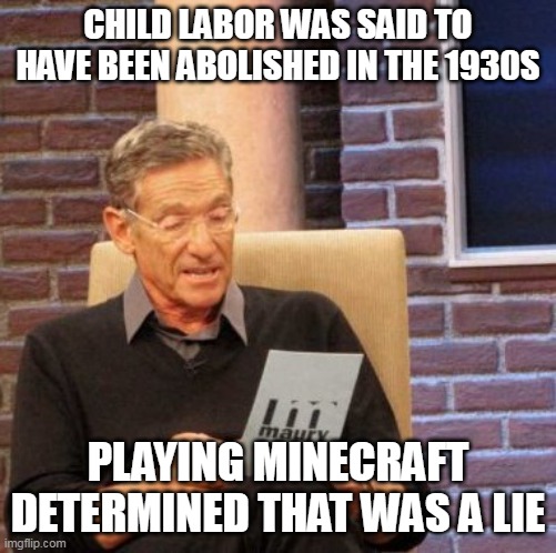 Maury Lie Detector Meme | CHILD LABOR WAS SAID TO HAVE BEEN ABOLISHED IN THE 1930S; PLAYING MINECRAFT DETERMINED THAT WAS A LIE | image tagged in memes,maury lie detector,meme | made w/ Imgflip meme maker