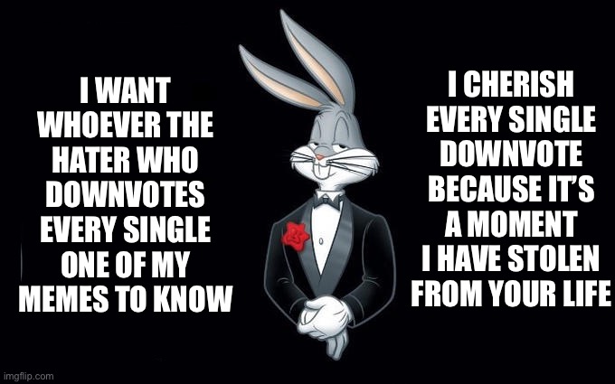 I wish all the X a very pleasant evening | I WANT WHOEVER THE HATER WHO DOWNVOTES EVERY SINGLE ONE OF MY MEMES TO KNOW; I CHERISH EVERY SINGLE DOWNVOTE BECAUSE IT’S A MOMENT I HAVE STOLEN FROM YOUR LIFE | image tagged in i wish all the x a very pleasant evening | made w/ Imgflip meme maker