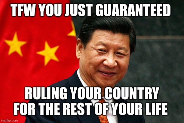 Xi Jinping joins the tyrannical ruler for life club: Kim, Castro, Putin, Hussein, Chavez, Soros, Schmidt, et al | TFW YOU JUST GUARANTEED; RULING YOUR COUNTRY FOR THE REST OF YOUR LIFE | image tagged in xi jinping | made w/ Imgflip meme maker