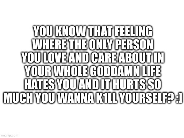 I might.. if I don’t come back tomorrow you know where I am.. | YOU KNOW THAT FEELING WHERE THE ONLY PERSON YOU LOVE AND CARE ABOUT IN YOUR WHOLE GODDAMN LIFE HATES YOU AND IT HURTS SO MUCH YOU WANNA K1LL YOURSELF? :] | image tagged in h,e,l,p,m | made w/ Imgflip meme maker