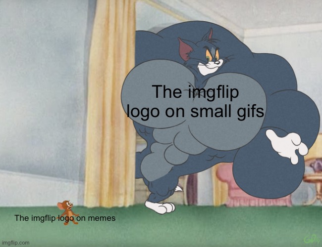 Seriously, they make the watermarks big on gifs | The imgflip logo on small gifs; The imgflip logo on memes | image tagged in buff tom and jerry meme template,memes,watermark,imgflip | made w/ Imgflip meme maker