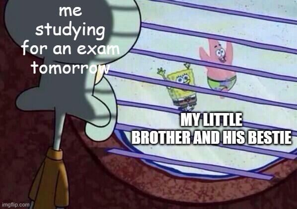 Squidward window | me studying for an exam tomorrow; MY LITTLE BROTHER AND HIS BESTIE | image tagged in squidward window | made w/ Imgflip meme maker